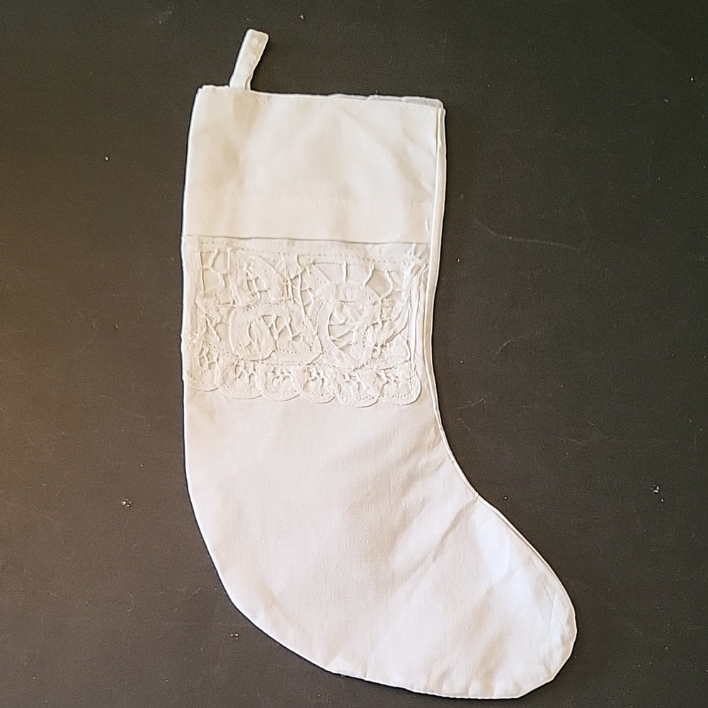 Elegant White Cotton Battenburg Christmas Stocking, Ready for Crafting! 12"